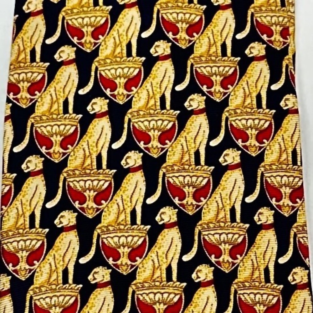 Beaufort Tie Rack Men's Silk Tie Italy Cheetah Leopard Crest Navy Gold Red Wide - Picture 2 of 6